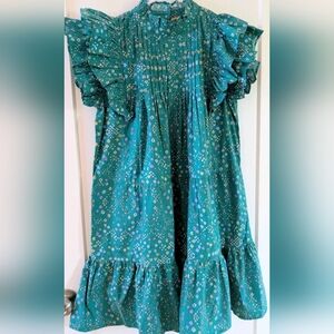 Oliphant Green Pintuck Ruffle Sleeve Dress Sz Small